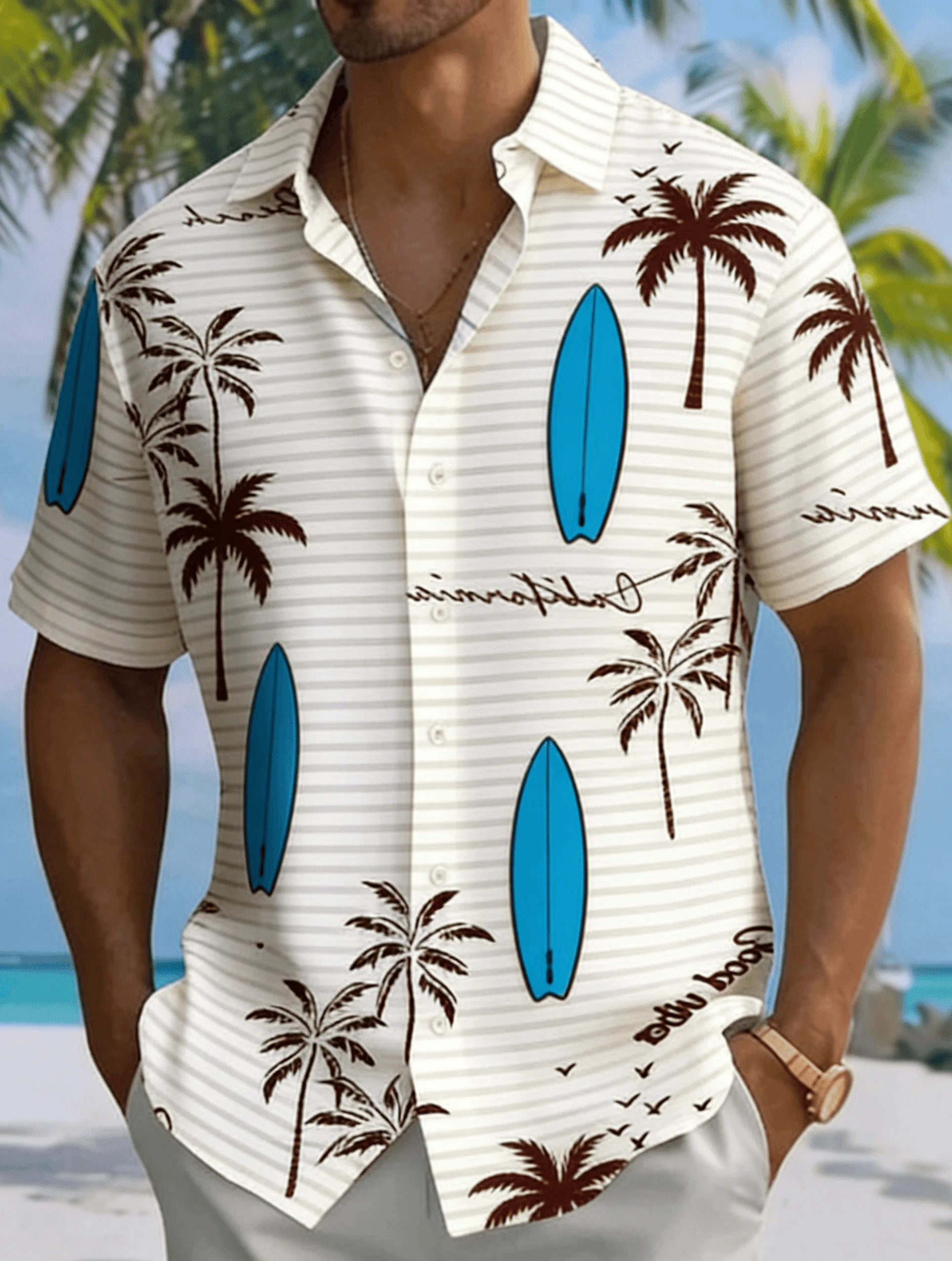 

Men's Coconut Tree Beach Ocean Print Short Sleeve Shirt, Spring Summer Vacation Blouse, Loose Casual Top