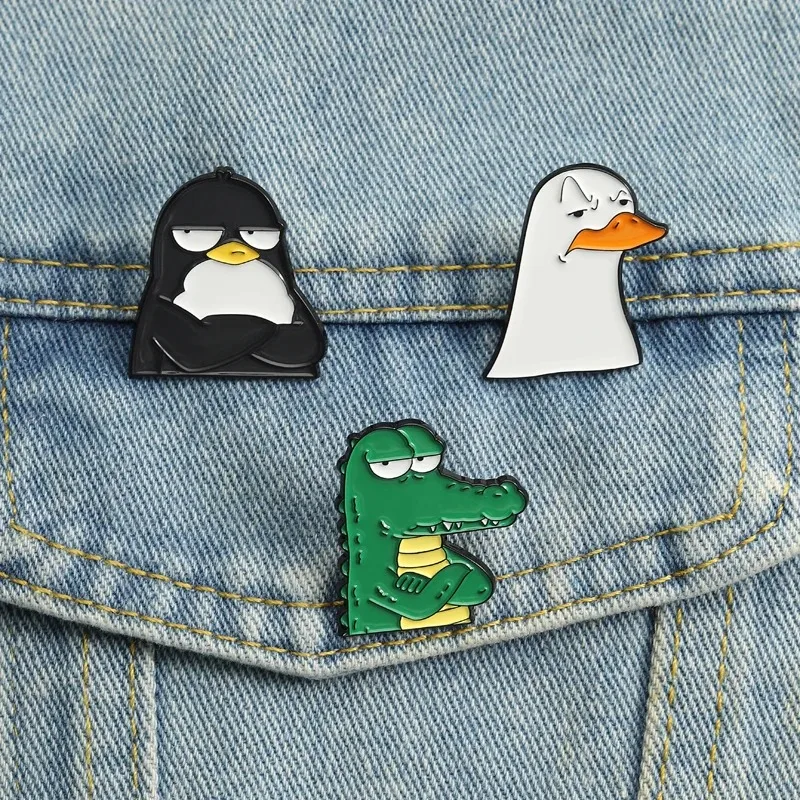 Cute Grumpy Animal Trio Pin Goose Crocodile Penguin Brooch Funny Accessory for Daily Wear Personality Expression Style