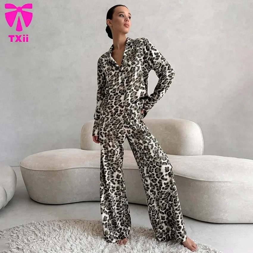 TXii New Leopard Print Women\'s Pajama Set Spring Autumn Ladies Homewear Turn Down Collar 2 Pcs with Pant Pyjama Suit Female