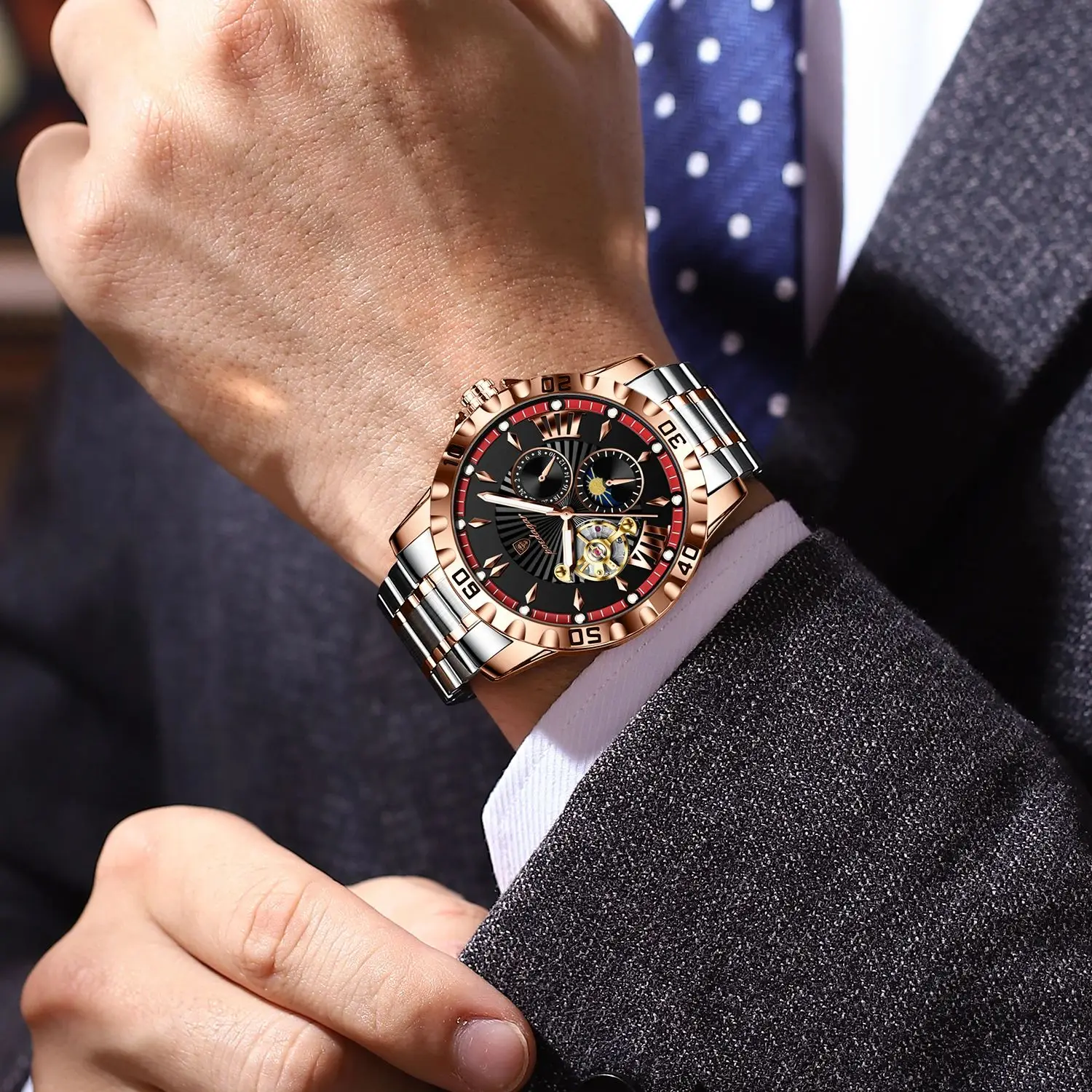 POEDAGAR ساعة رجالية فاخرة مجوفة توربيون ساعة ميكانيكية أوتوماتيكية للرجال مقاومة للماء مضيئة من الفولاذ المقاوم للصدأ ساعات رجالية + صندوق