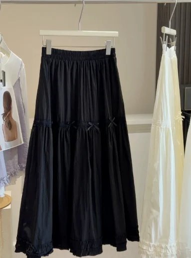 Bow Fungus Edge White Cake Skirt Women's 2026 Spring New A-character Loose Medium and Long Swing Skirt