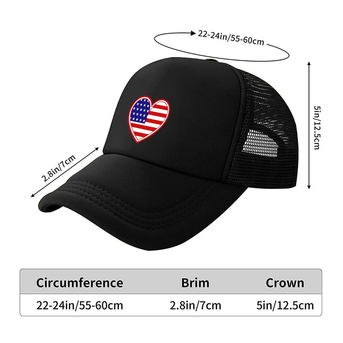 Patriotic Heart American Flag Print Hat, Unisex Summer Breathable Back, Casual Style, All-Season Ver 2026 Mesh Baseball Cap