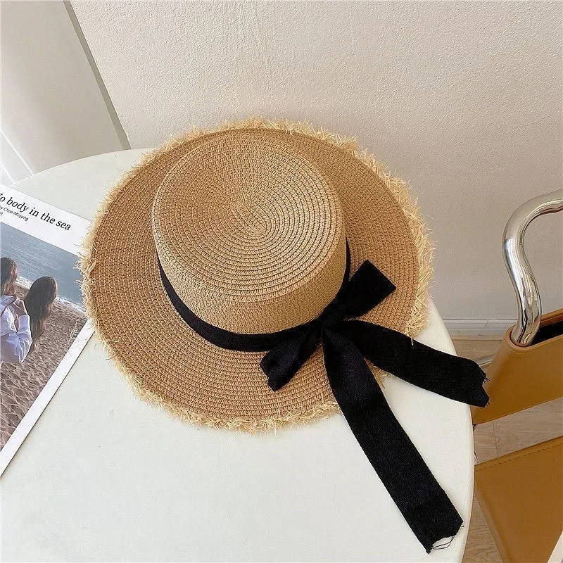 Japanese Style Women Fuzzy Edge Bowknot Flat Top Straw Sun Hat Small Fresh Summer Outing Beach Shade Sun Cap