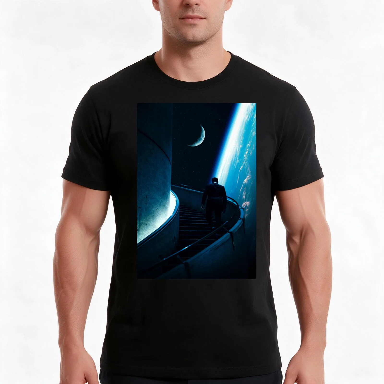 Stairway to Space T-Shirt, Summer Casual Cotton Tee, Oversized Streetwear Tops, Vintage Graphic Print, Loose Fit Short Sleeve