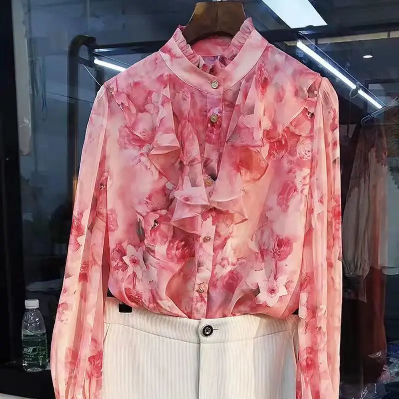 

2025 summer new Chiffon print blouses Y2K Aesthetic stand collar ruffles shirt women simple long sleeve blusas mujer