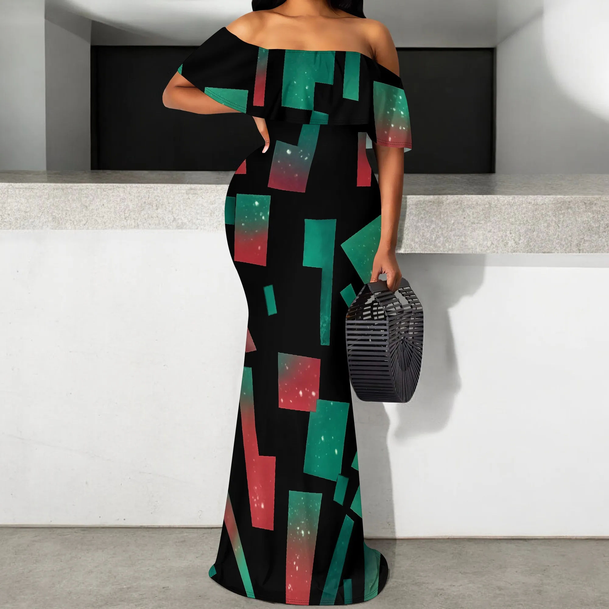 

Women's Off Shoulder Geometric Print Maxi Dress S-3XL Elegant Bodycon Mermaid Gown 2025 New Arrival
