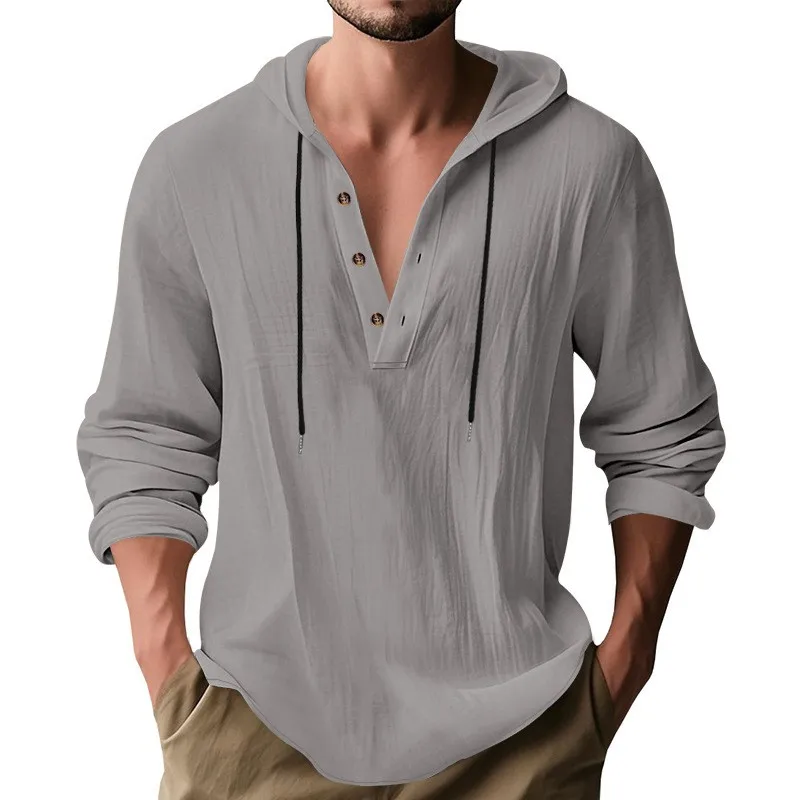 Casual Linen Loose Fit Button Front Shirt Solid Color Three Button Placket Long Sleeve Rolled Cuff
