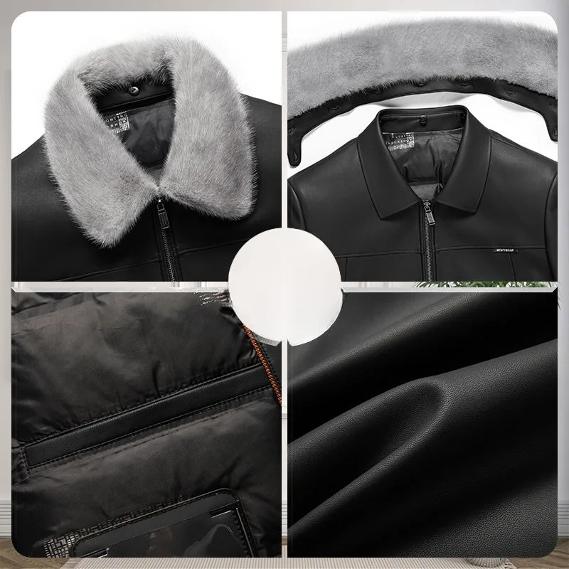 2023 Winter New Men Down Jacket Detachable Ferret Fur Collar Sheep Leather Jacket Fashion Large Size Lapel Plus Velvet Outwear