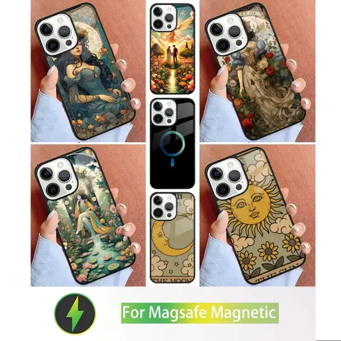 점술 타로 카드 전화 케이스, 아이폰 15,14,13,12,11, 플러스, 프로, 맥스, 미니 맥세이프 마그네틱 무선 충전