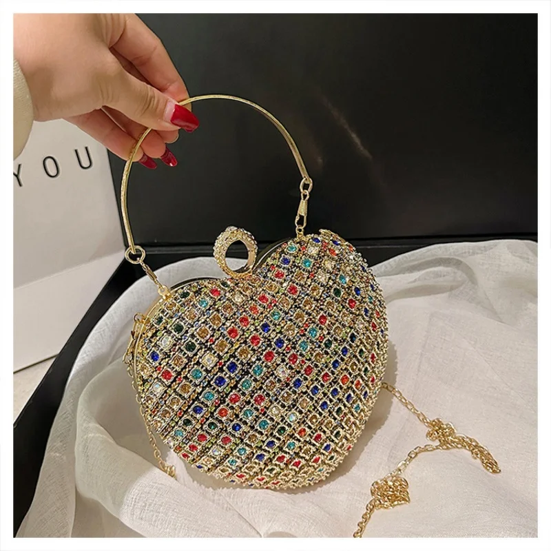Luxury Diamond Inlay Heart Shape Crystal Clutch Purse Stones Evening Wedding Party Shoulder Bag Handle Rhinestone Mini Handbags