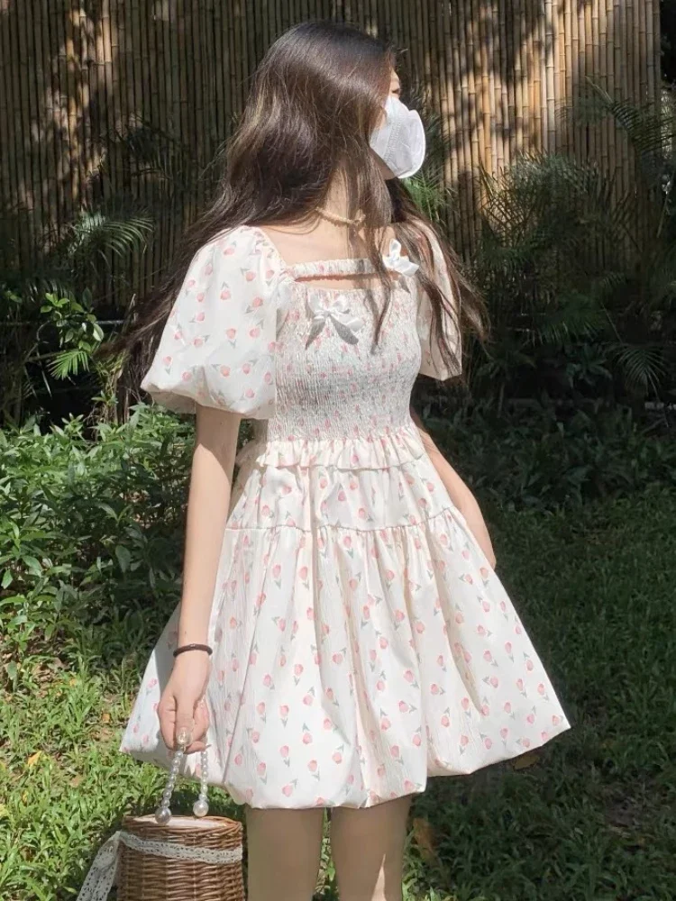 Robe florale taille haute à manches bouffantes pour femmes, vêtements éducatifs décontractés, esthétique vintage, robe de princesse A-Line française, Kawaii, doux, été