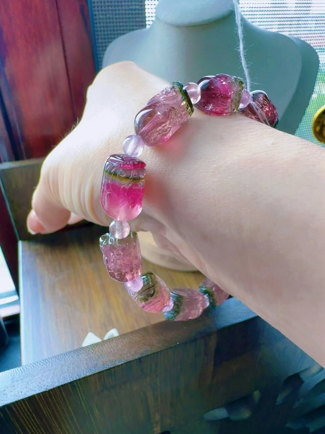 Natural Red Tourmaline Clear Pi Xiu Beads Bracelet 13.7/8.9/8.7mm Pink Green Watermelon Tourmaline For Women Men AAAAAAA