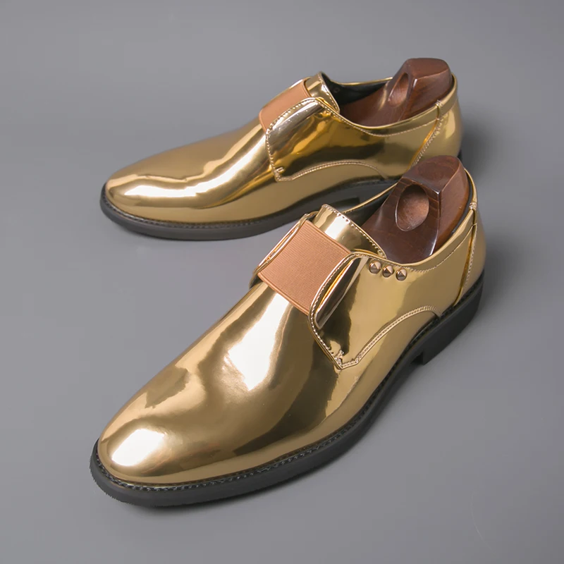 

Men Gold Loafers PU Low Heel Professional Classic Versatile Trendy Banquet Men Shoes