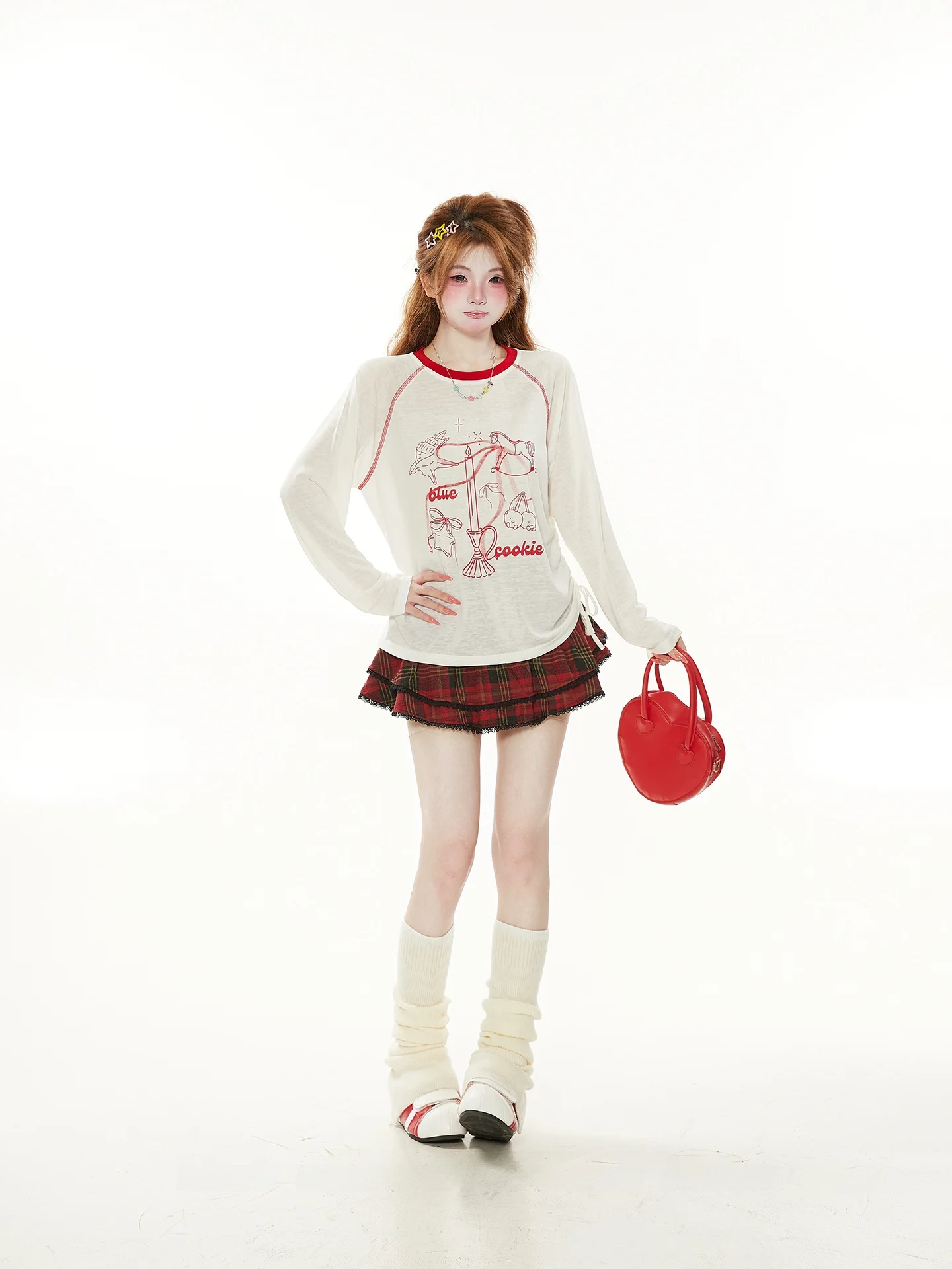Dopamine Pink Unique Drawstring Cartoon round Neck Long Sleeve T-Shirt Women Spring Autumn Semi-Transparent Cute Cover up