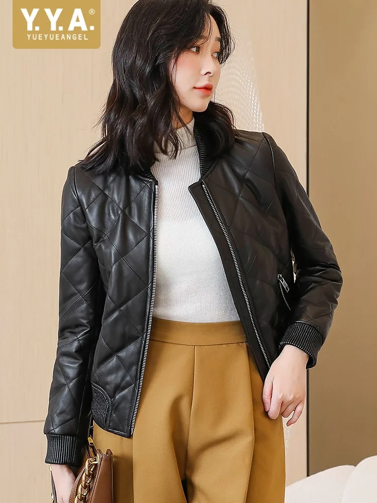 الخريف الشتاء المرأة سترة جلدية حقيقية سستة الوقوف طوق معطف جلد الغنم الحقيقي مكتب سيدة سليم صالح قصيرة سترات للعبة البيسبول #1