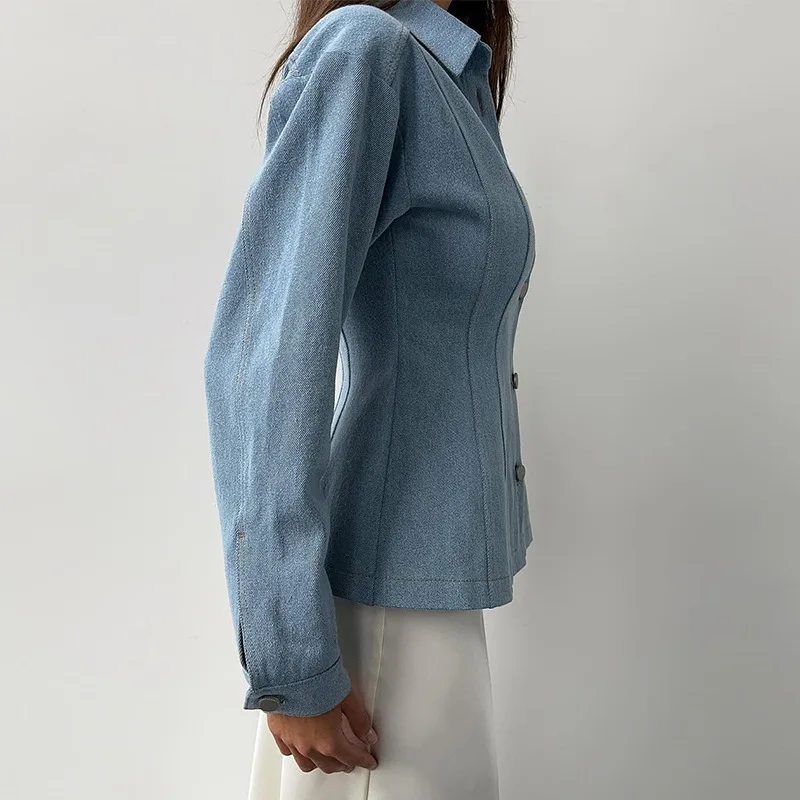 KT Vintage Waist Cinching Denim Shirt for Women Long Sleeve Button Down Slim Fit Blouse Casual Chic Daily Wear Spring Autumn view 2