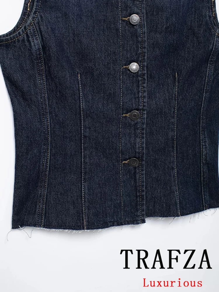 TRAFZA Casual Office Lady Denim Blazer Women Solid O-Neck Sleeveless Single Breasted Long Jacket Fashion 2024 Autumn Coats