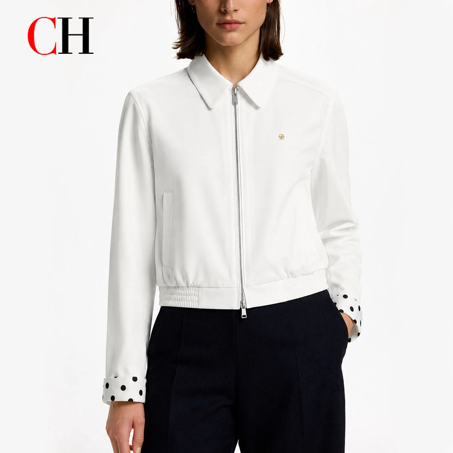 CH Women's White Short Jacket Polka Dot Stand Collar Zipper Long Sleeve Casual Street Style Jacket Suitable Spring  Autum