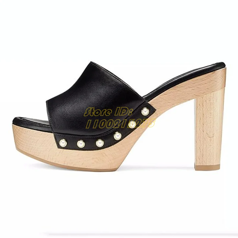 Black Matte Leather Slippers Wooden Platform Block Heel Fashion 2024 Summer Open Toe Slip On Dress Women Sandals