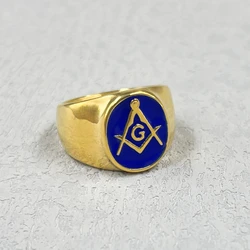 Blue AG Stainless Steel Ring Men Vintage Gold Color Male Hiphop Rock Man Rings Retro Free Mason Freemasonry Masonic Punk Jewelry