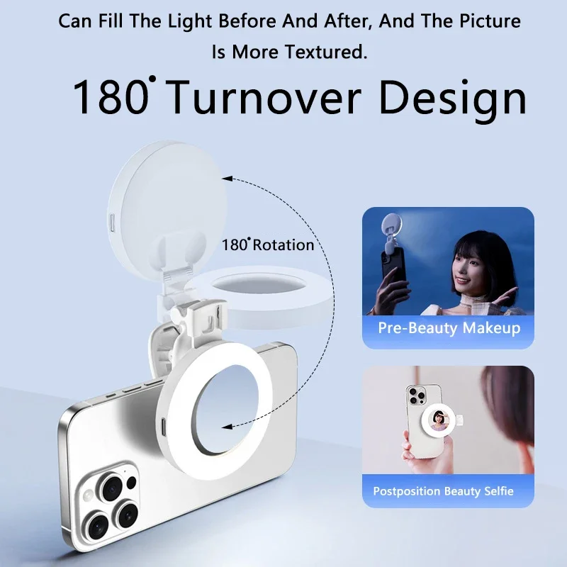 Lampu Selfie Kecantikan Ponsel dengan Cermin Portabel untuk Mengambil Foto Langsung Lampu Mini Putar Universal untuk Smartphone
