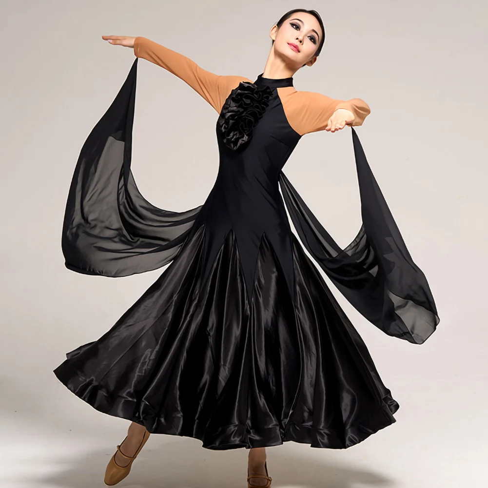 Practice Dance Dress high quality Flamenco Skirt Custom Ballroom Dancing Dress Competition Ribbon Collar Decal Long Sleeve