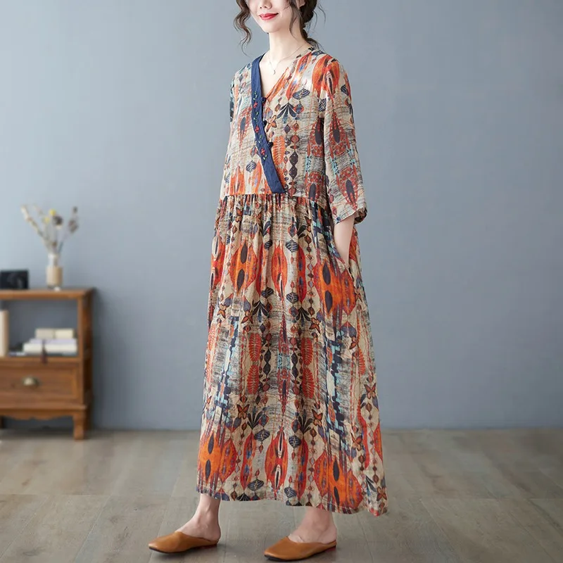 Vải Lanh Cotton Đầm Nữ Mùa Xuân 2022 Mùa Hè Rời Retro Hoa Ba Phần Tư Tay Linen Dress D1531