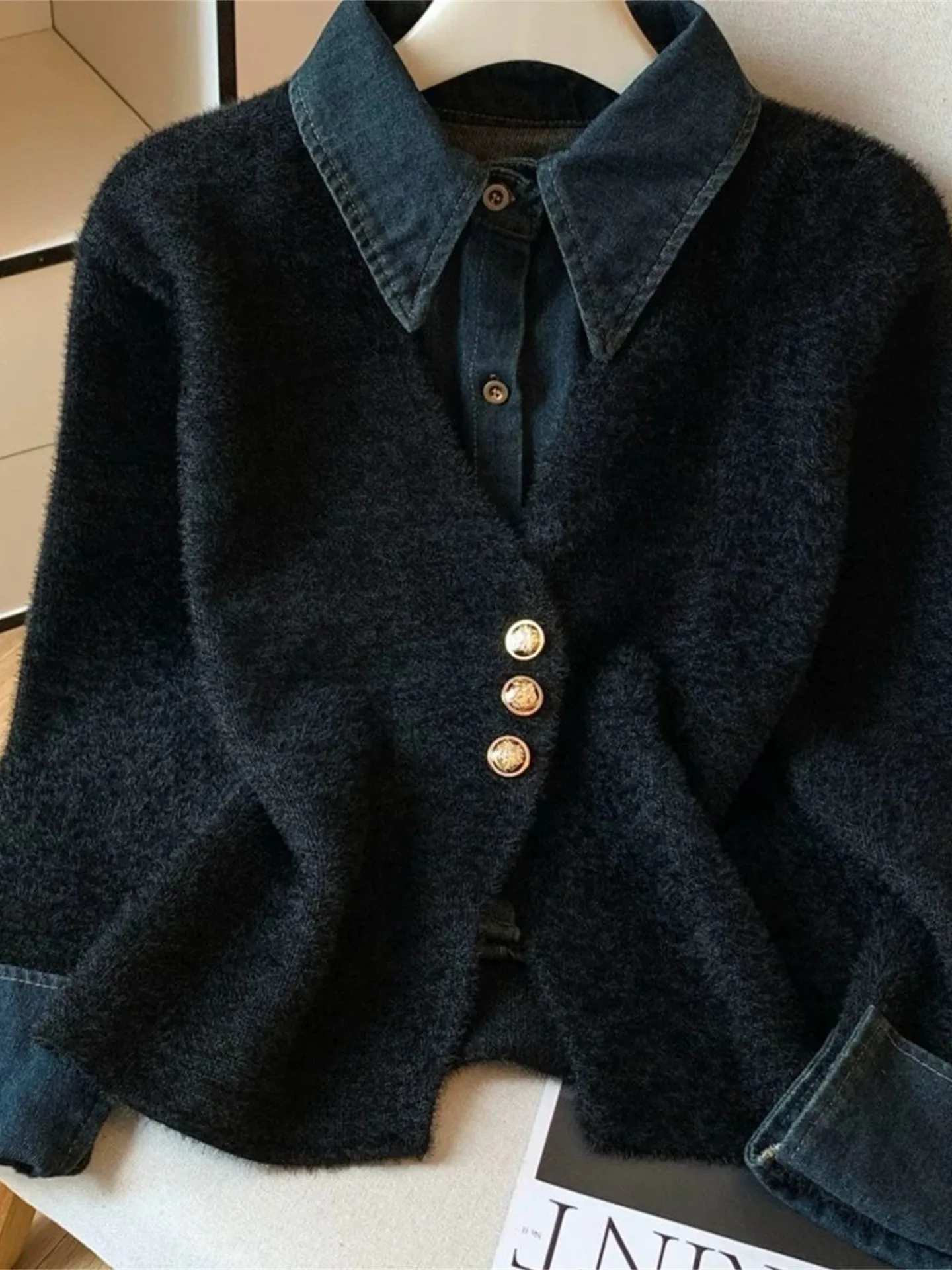 

Мягкий уютный женский свитер свободного кроя с джинсовым воротником в стиле пэчворк, осенне-зимний, высококачественный, повседневный, длинный, с высокой талией