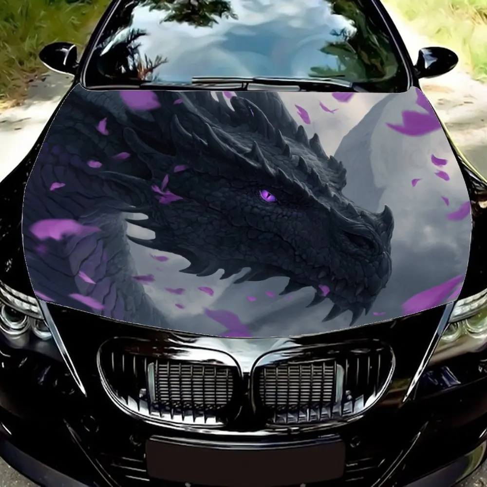 

Purple Petals&Purple Eyes Black Dragon Car Hood Decal Sticker - Durable Vinyl Wrap, Splash-Resistant & Easy Removal, Fits All Ca