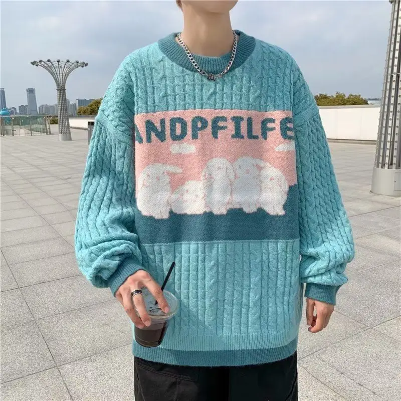 

Japanese Sle Thiened Knitted Sweater Men's Loose Winter Faion Korean Version Hong Kong Sle Lazy Winter Outerwear