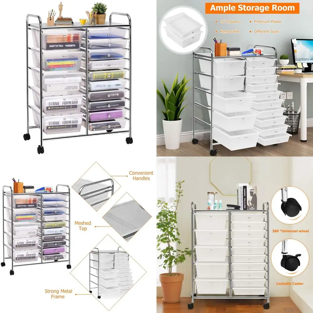 Clear 15-Drawer Rolling Cart - Metal Frame Storage Organizer with Wheels for Craft, Office, and Home Use