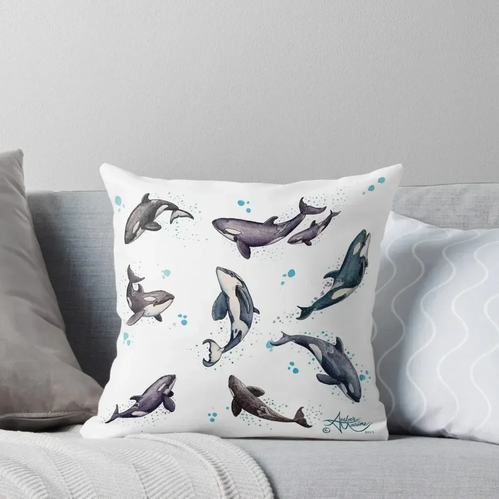 Orca Pod in Watercolor by Amber Marine, Killer Whale Art, ? 2019 Throw Pillow Sofa Cushion Cushions pillow