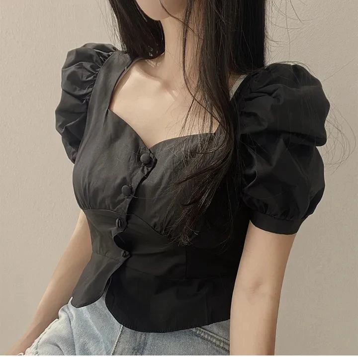 시크 빈티지 하트 칼라 싱글 버튼 반팔 셔츠 여성용 탑 한국 스타일 출퇴근용 순색 면직물 스트레이트 컷