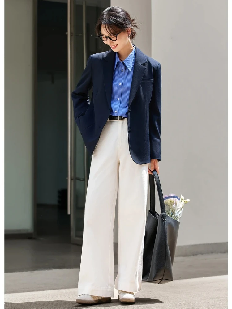 VIMLY Women's Navy Blue Jackets Autumn 2025 Oversize Elegant Office Wear Blazer Notched Ladies New in Coats and Jackets A2360