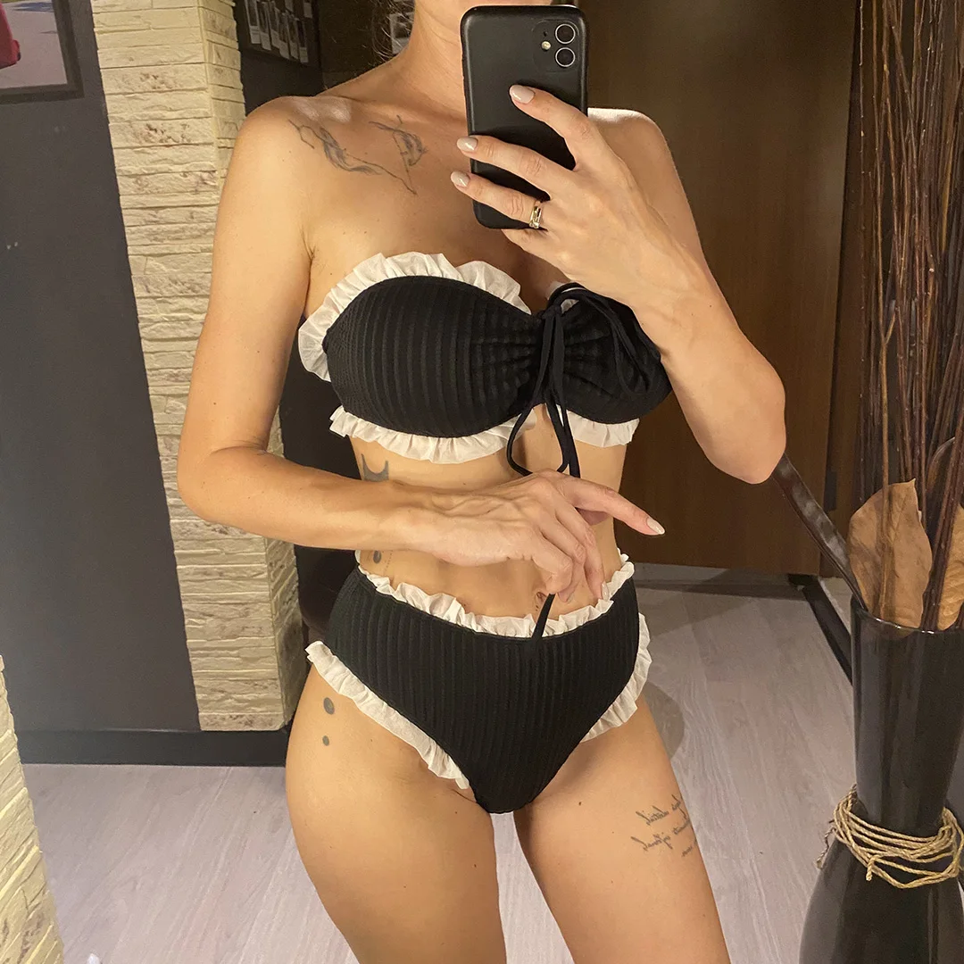 Bandeau-Bikini mit Rüschen, hochtaillierter Damen-Badeanzug, zweiteiliger Bikini-Set, Badebekleidung, Badeanzug, Modell V7039 – Detail 5