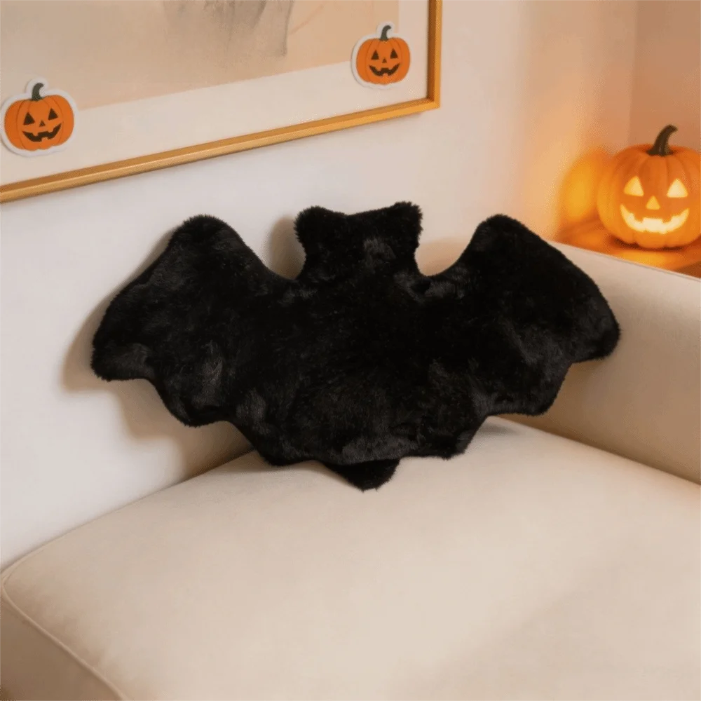 Non-shedding Halloween Bat Throw Pillow Fluffy Surface PP Cotton Filling Bat Decorative Pillow Black Soft Bat Sofa Cushions