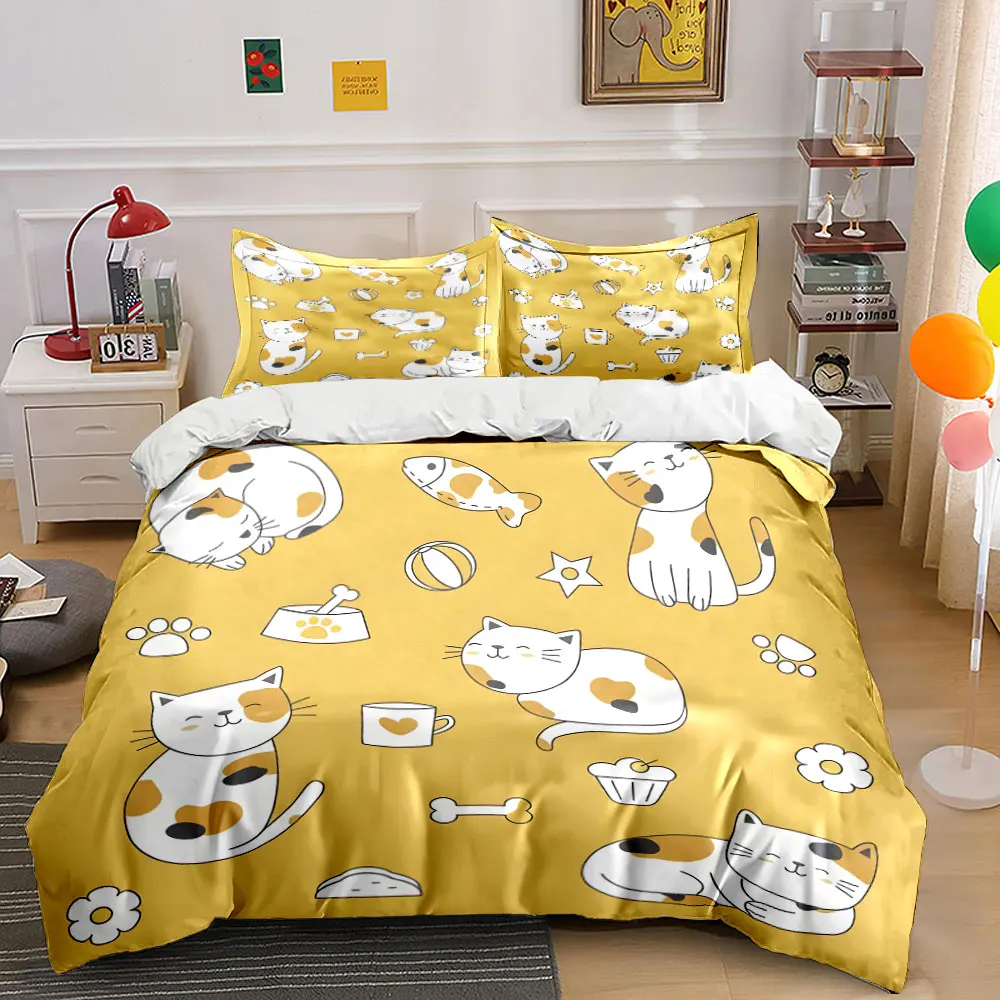 Cute cats with items illustration Print Bedding Set 1 Duvet Cover 2 Pillowcases for Adult and Children Luxury Gift Full Size