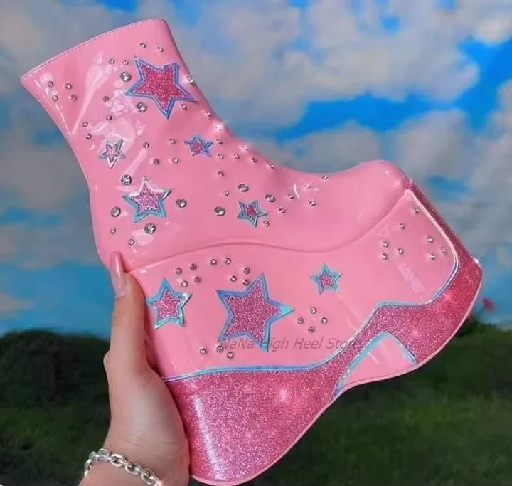 Punk Style Bling Stars Crystal Round Toe Mid-Calf Platform Women Boots Wedges High Heels Side Zipper Design Large Size Shoes