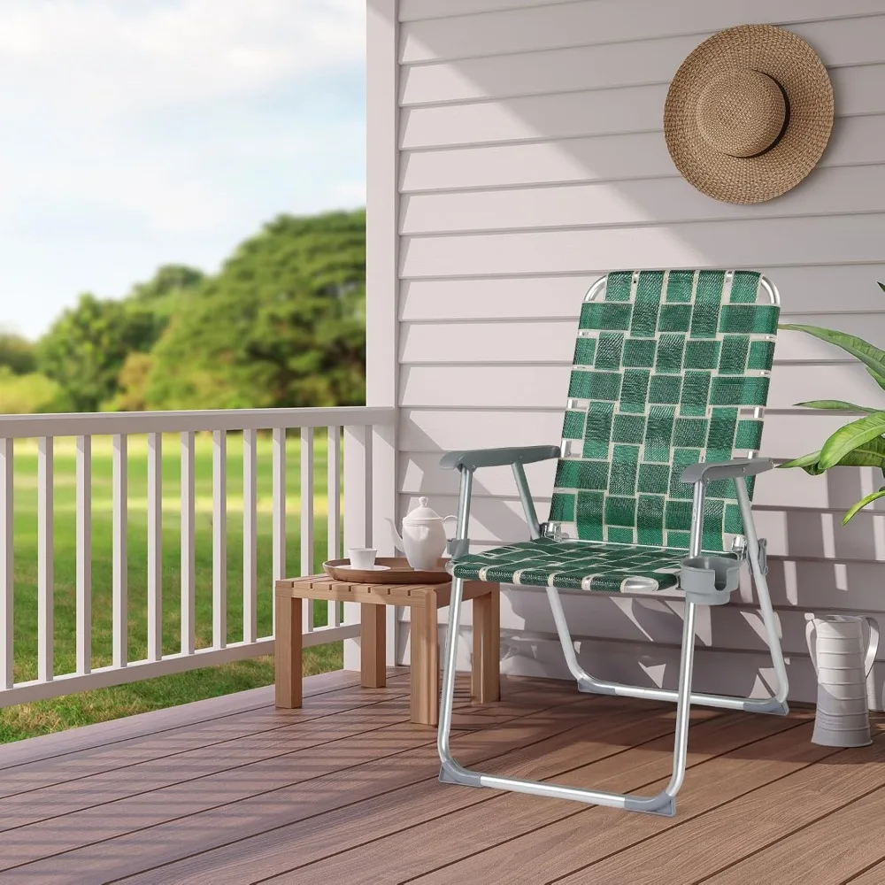 Folding Aluminum Webbed Lawn Chairs with Detachable Cup Holder, High Beach Chair