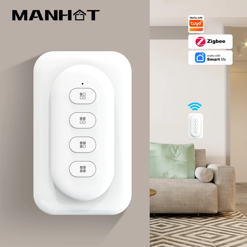 

Manhot Zigbee Wireless Smart Scene Switch 4 Gang 12 Scene Switch Push Button Controller Home Automation Scenario Tuya Devices