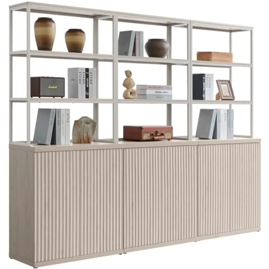 

Высокий книжный шкаф-стеллаж 75 дюймов с 6 полками и дверцами - Современный трехсекционный металлический книжный шкаф из белого эльма для гостиной