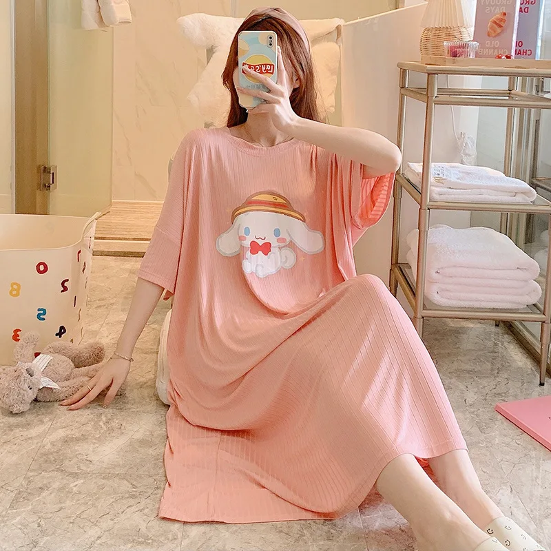 

Kawaii Sanrio Summer Nightdress Cinnamoroll Women Short Sleeves Pajama Casual Plus-Size Loose Mid-Length Sweet Nightdress