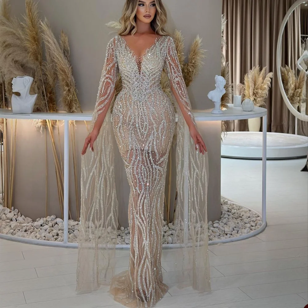 Sparkly Mermaid Evening Dresses Long Sleeves V Neck Sequins Appliques Lace Hollow Capes Plus Size Formal Prom Dress