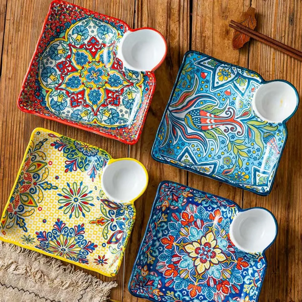 

Bohemian dumpling plate with vinegar dish, household ceramic plate, segmented breakfast plate, high-end dumpling-specific plate