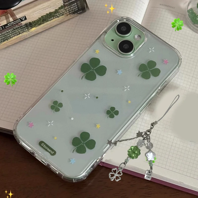 الكورية Ins لطيف الأخضر أربع أوراق البرسيم الكرتون الحظ جراب هاتف آيفون 17 AIR 16 15 14 13 12 11 برو XR ماكس 7 8 زائد Y2K غطاء
