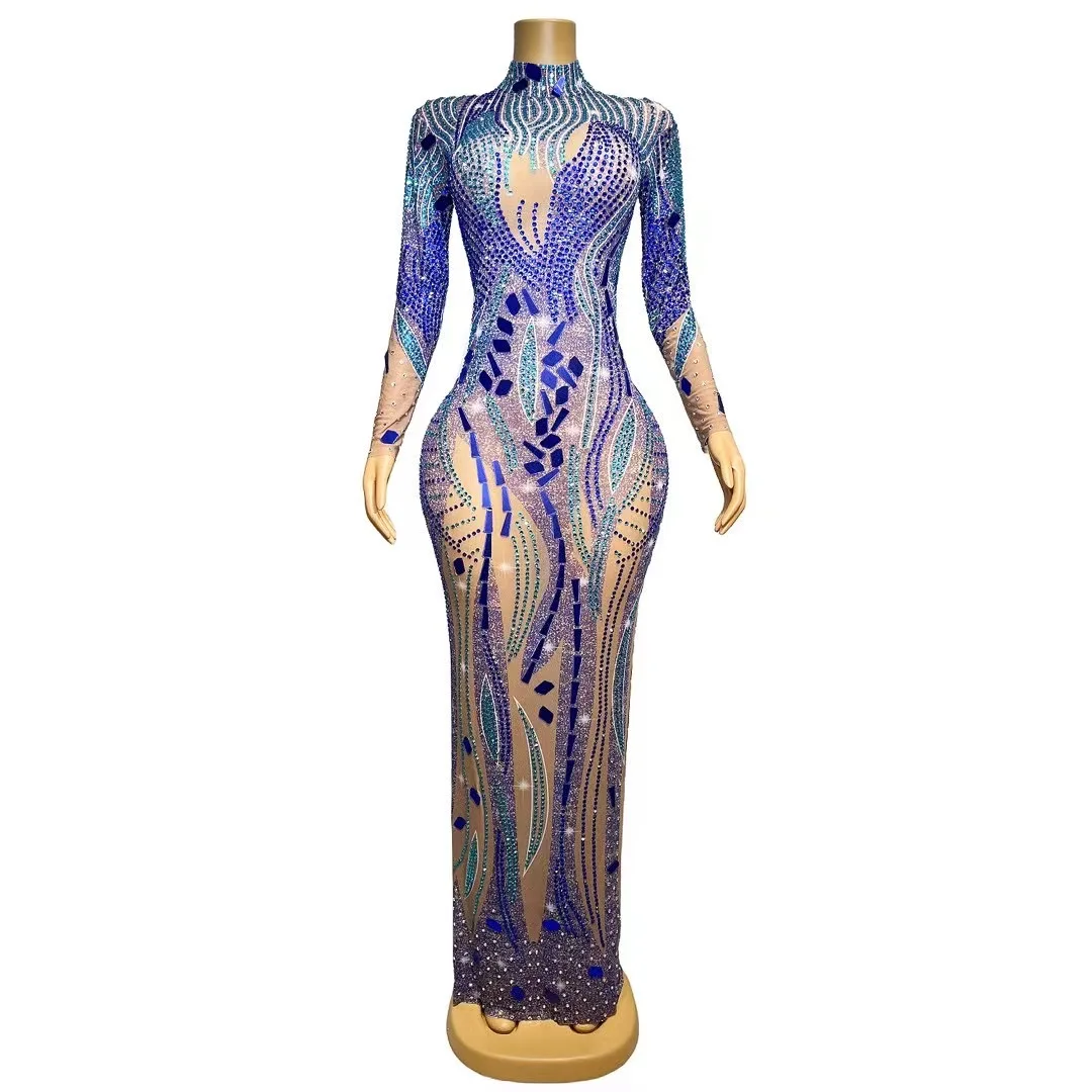 

Evening Celebrate luxurious Blue MirrorsRhinestones Dress Sequins Beads PerformanceSexy Dance Outfit Costume xingkong C187