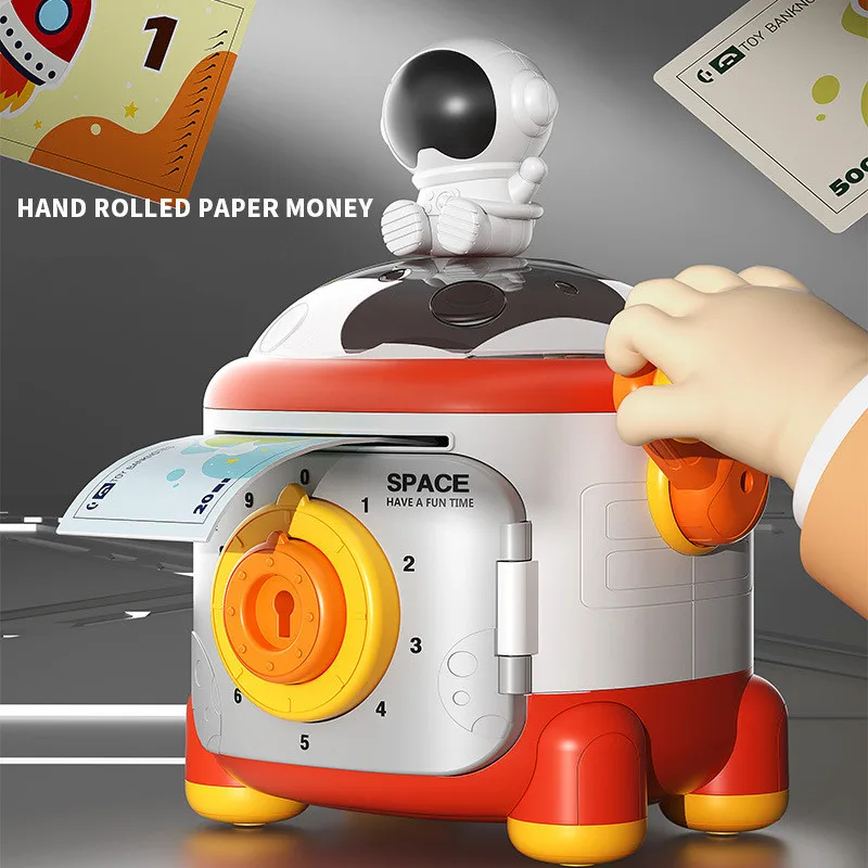 [Funny] Hand operated roll money astronaut rocket piggy bank Night Light password key holding protection toys kids birthday gift