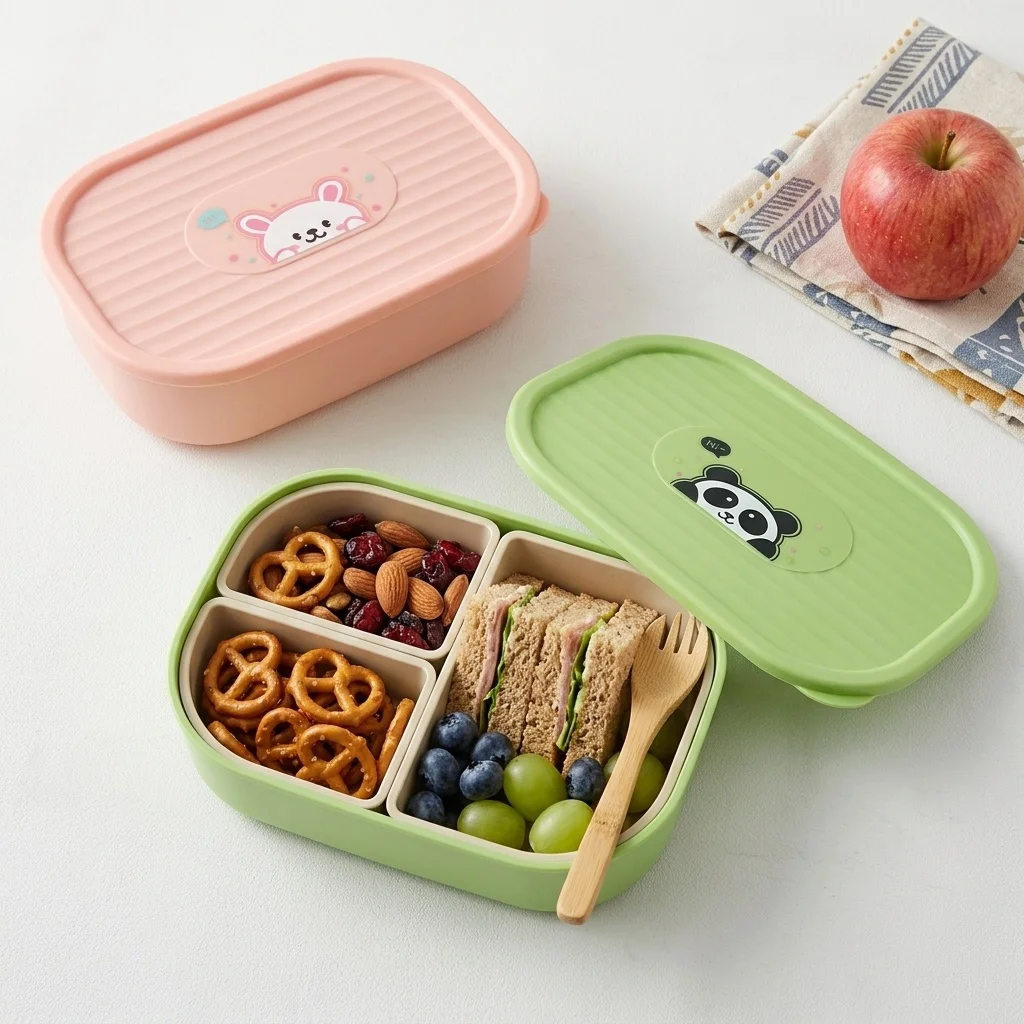 Niedliche Kinder-Bento-Box Mikrowellengeeignet Abnehmbare 3-Fach-Plastik-Lunchbox mit Deckel Tragbarer Obst- und Salatbehälter für Schüler