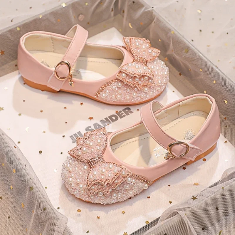 Kids Leather Shoe Spring Autumn Children Princess Shoes Fashion Sweet Rhinestone Bowknot Girls\' Flat Shoes for Wedding Shallow