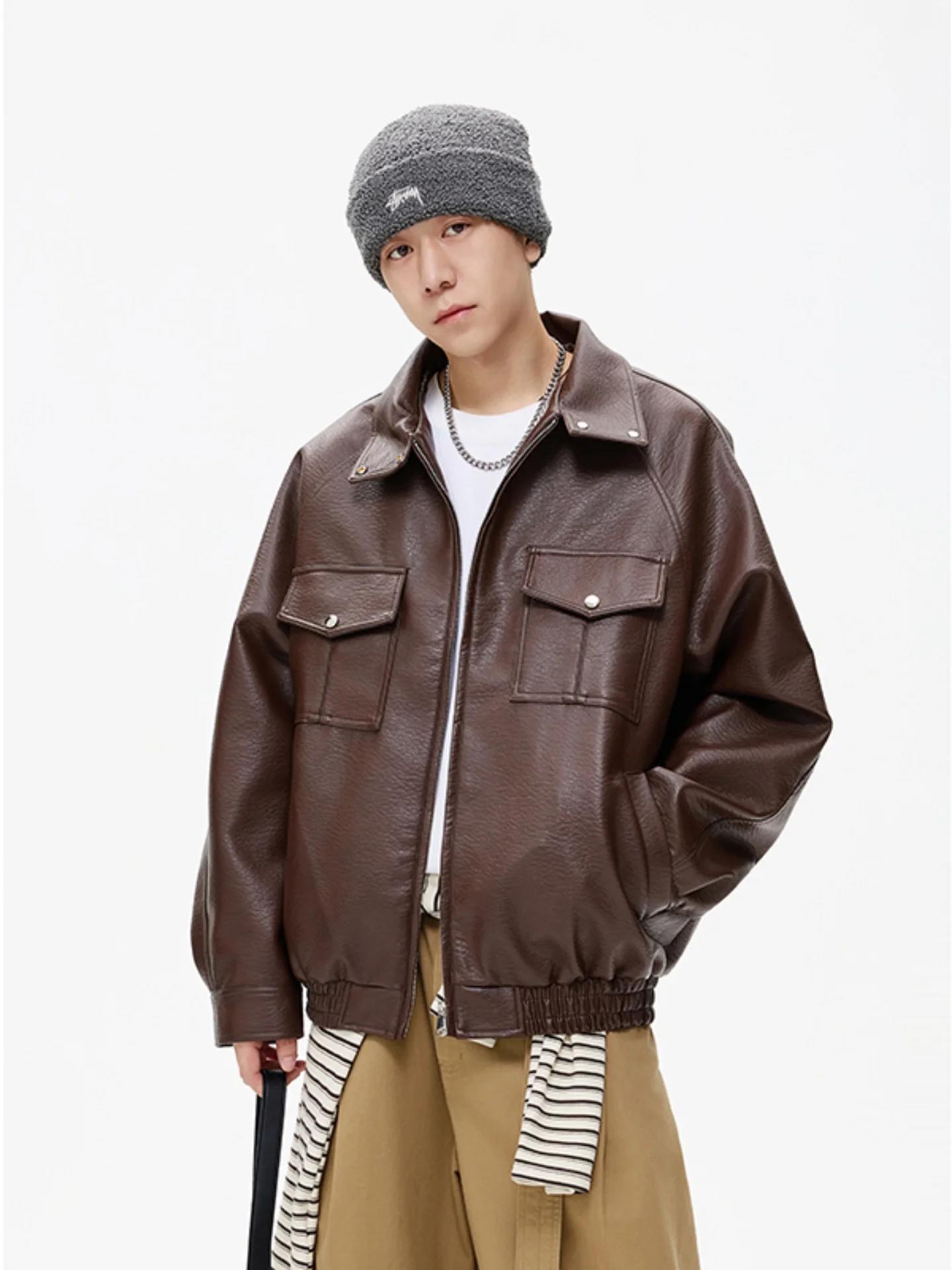 

Brown Leather Jaet Men's American Retro Cleanfit Workwear Coat Autumn Winter High-End Feel Collar PU Leather Top